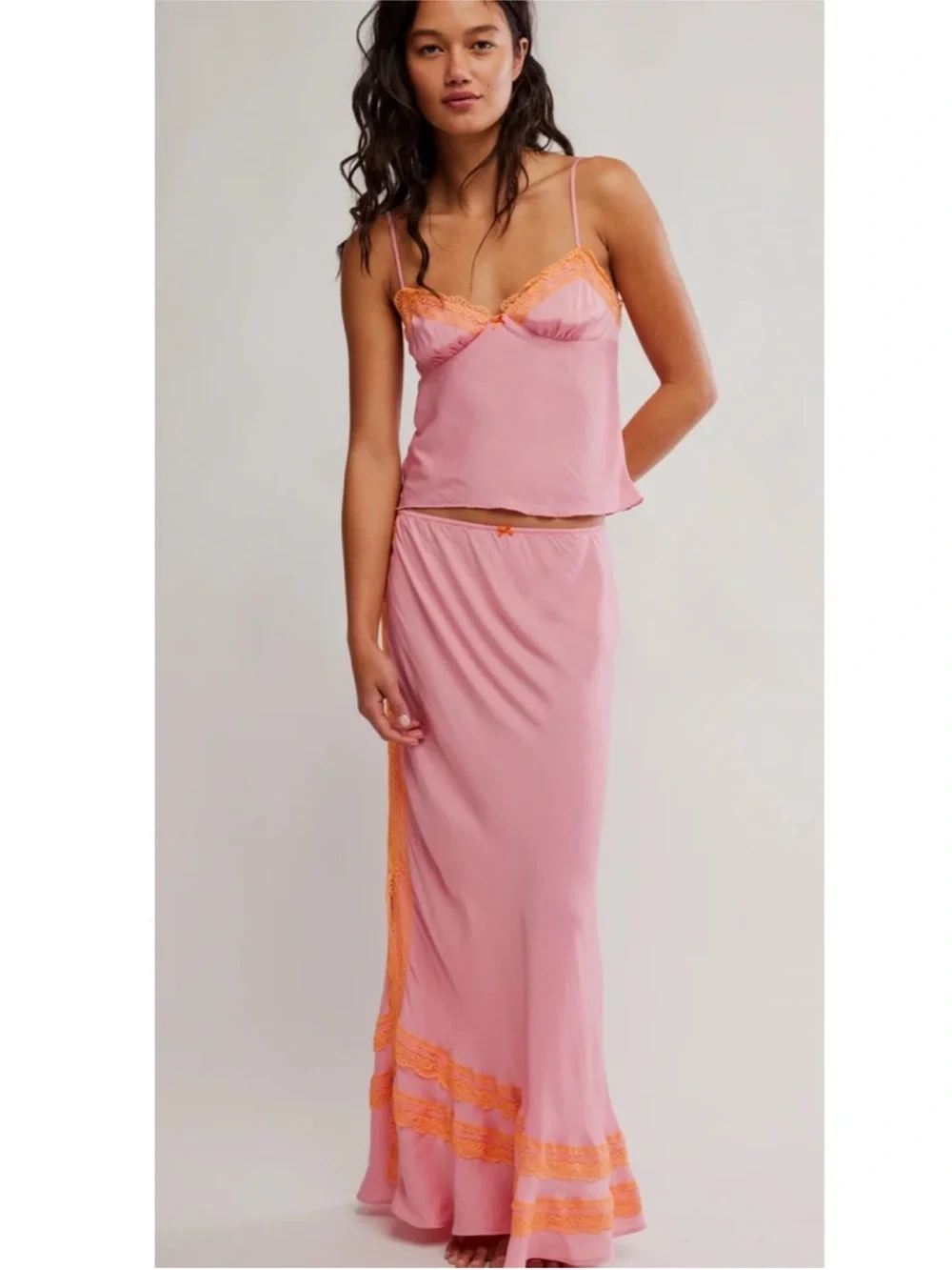 🆕 Intimately Maxi Skirt Lace Set Lingerie Slip Camisole neon WISH YOU WERE HERE